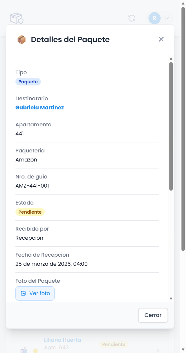 Detalle de entrega con evidencia en PackGuardian