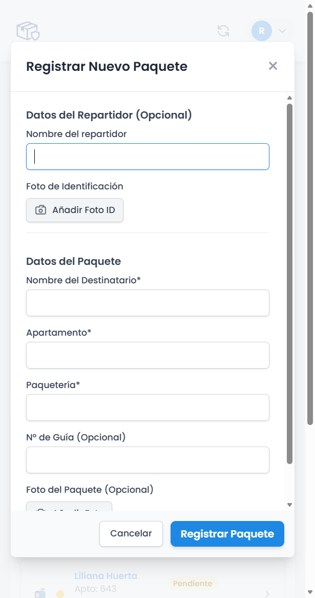Flujo de alta de paquete en PackGuardian